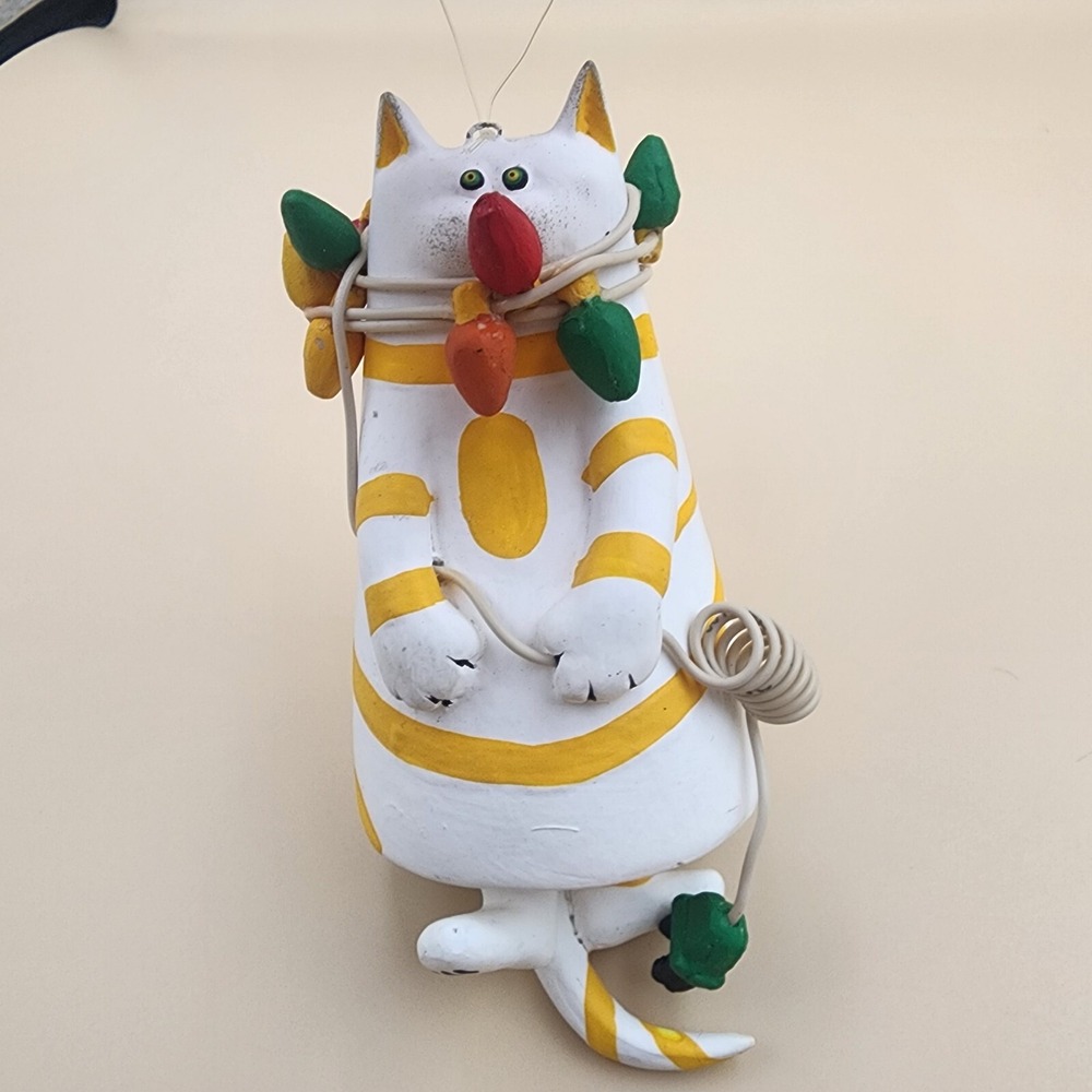 Tabby Cat Tangled In Christmas‎ Lights Ornament Legs Tail Movable Bell Like